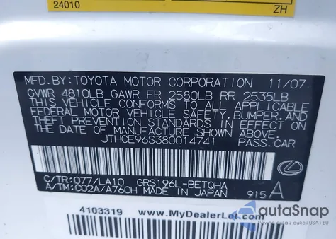 2008 Lexus Gs 350 z USA, uszkodzony, nr VIN JTHCE96S380014741